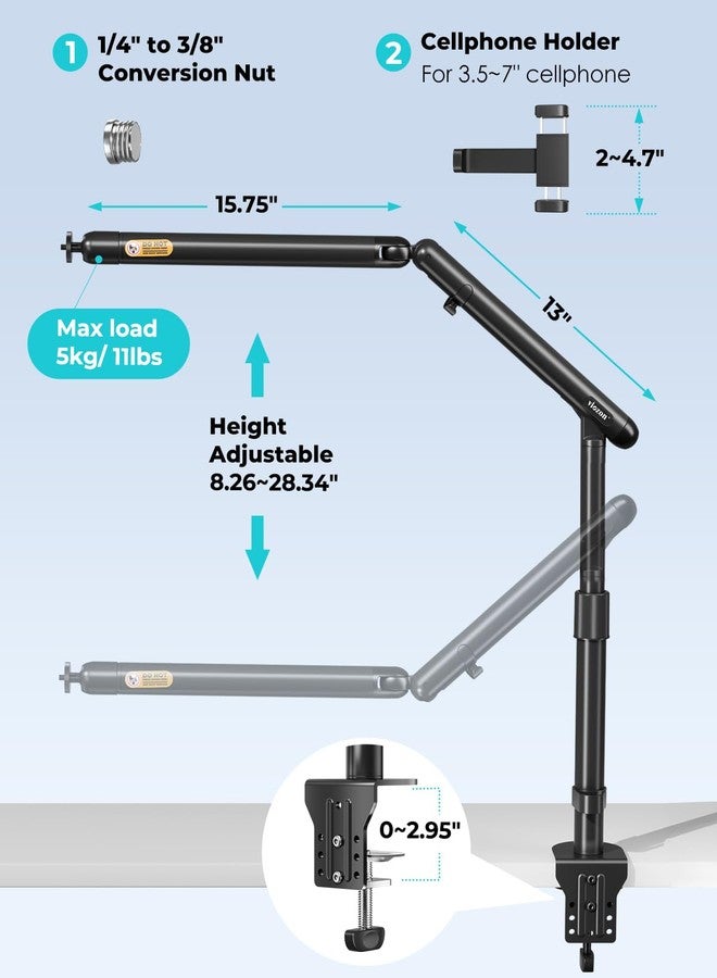 Viozon Overhead Camera/Phone Mount, Overhead Stand, Flexible Aluminum Alloy Spring Arm with 360° Ball Head,1/4"&3/8" Interface for DSLR Camera/Rrojector/Microphone/Ring Light/Webcam/4-7 inches Phone. - Image 3