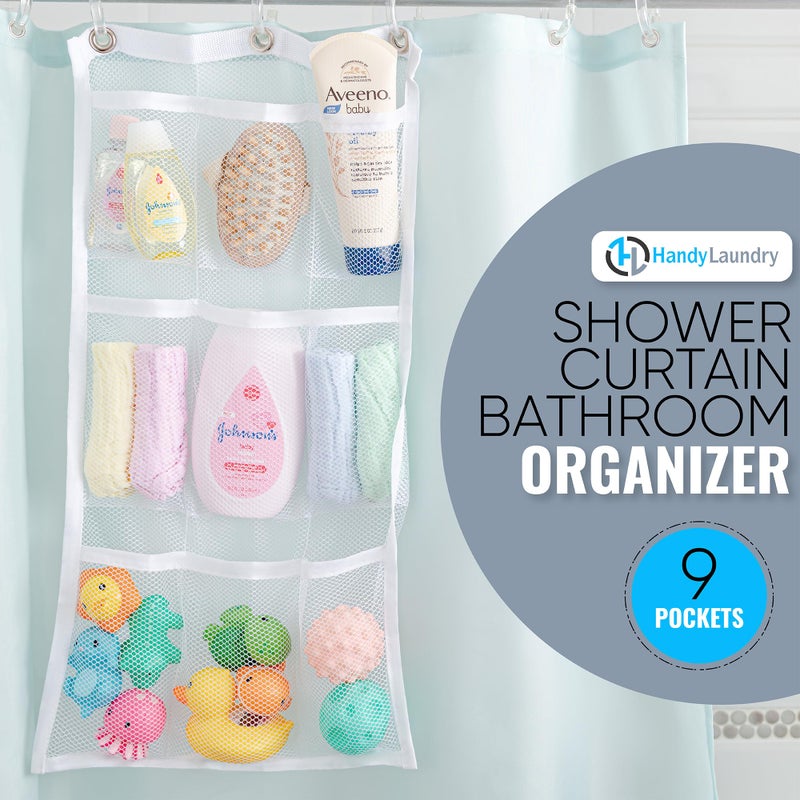 Handy Laundry Shower Curtain Bathroom Organizer -9 Pockets- Perfect for Organizing Home Bath, Your Toiletries and kid's Toys in Nine Durable Deep Mesh Pockets. Hang on Existing Shower Curtain Rings. - Image 2