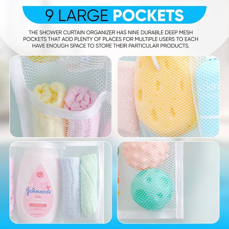 Handy Laundry Shower Curtain Bathroom Organizer -9 Pockets- Perfect for Organizing Home Bath, Your Toiletries and kid's Toys in Nine Durable Deep Mesh Pockets. Hang on Existing Shower Curtain Rings. - Image 4