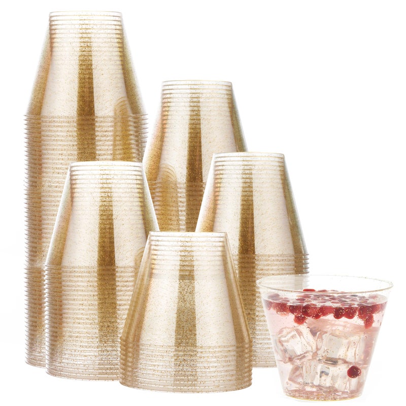MATANA 120 Gold Plastic Cups  9oz Glitter Gold Cups  Disposable Cocktail & Punch Cups for Parties and Weddings - Image 1