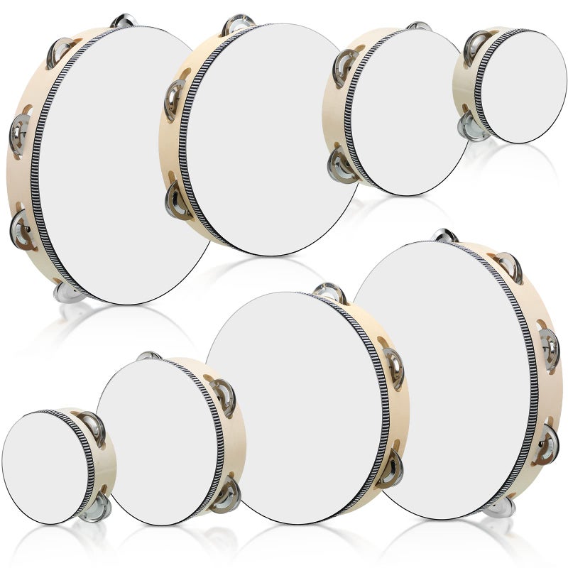 Reginary 8 Pcs Tambourine for Adults Handheld Wood Tambourine 4 Size Single Row Metal Jingles Tambourine Musical Educational Tambourine Gift Rhythm Percussion Instrument for Church Party KTV (Natural) - Image 1