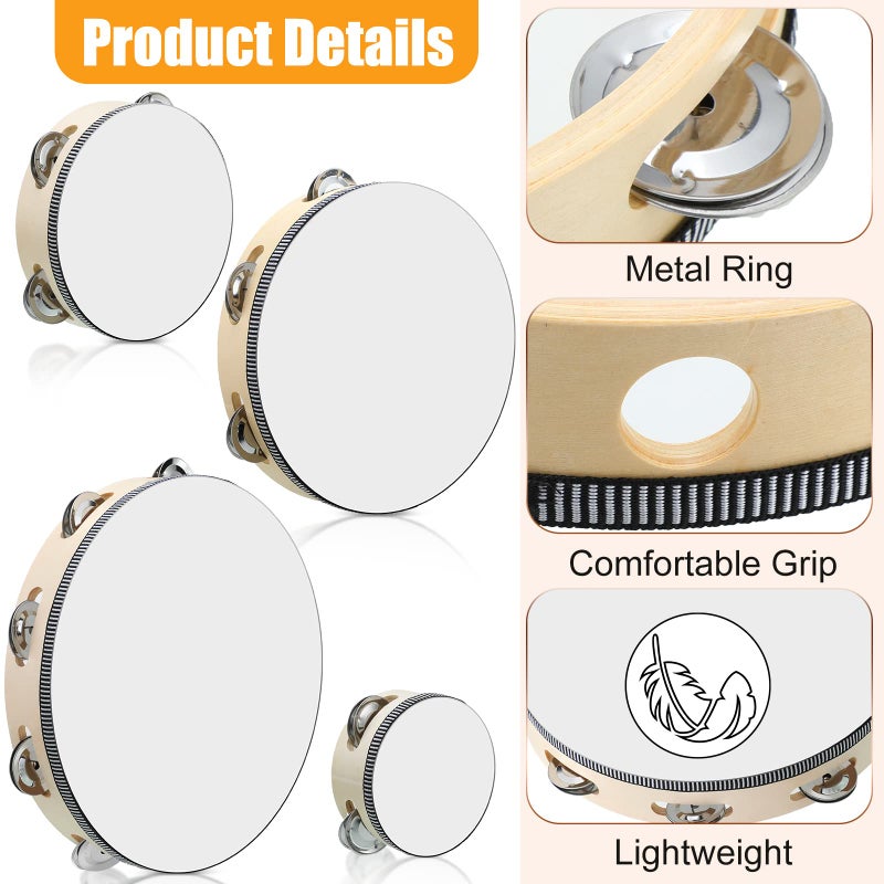 Reginary 8 Pcs Tambourine for Adults Handheld Wood Tambourine 4 Size Single Row Metal Jingles Tambourine Musical Educational Tambourine Gift Rhythm Percussion Instrument for Church Party KTV (Natural) - Image 3