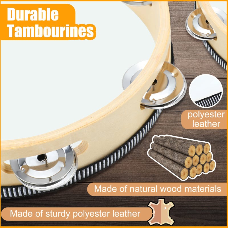 Reginary 8 Pcs Tambourine for Adults Handheld Wood Tambourine 4 Size Single Row Metal Jingles Tambourine Musical Educational Tambourine Gift Rhythm Percussion Instrument for Church Party KTV (Natural) - Image 4