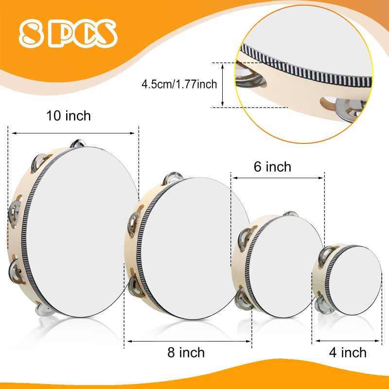 Reginary 8 Pcs Tambourine for Adults Handheld Wood Tambourine 4 Size Single Row Metal Jingles Tambourine Musical Educational Tambourine Gift Rhythm Percussion Instrument for Church Party KTV (Natural) - Image 2