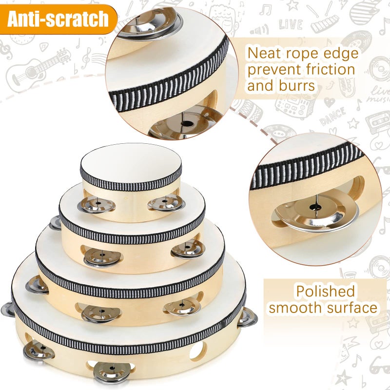 Reginary 8 Pcs Tambourine for Adults Handheld Wood Tambourine 4 Size Single Row Metal Jingles Tambourine Musical Educational Tambourine Gift Rhythm Percussion Instrument for Church Party KTV (Natural) - Image 5