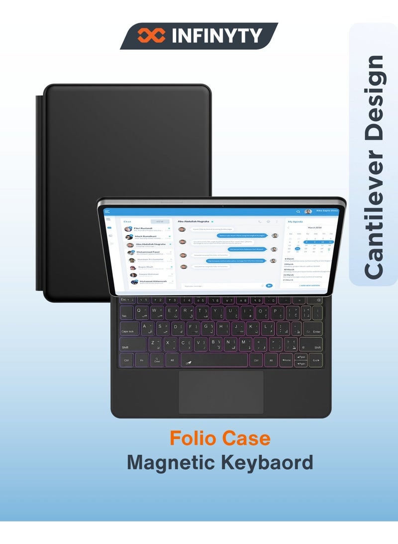 INFINYTY Magnetic Keyboard/ Folio Case Samsung Tab S10 FE– Typix-I Black Features Floating Cantilever Design, English & Arabic, Backlit Keys, Multi-Touch Gestures, Bluetooth 5.2 Connectivity, LED Display, 500mAh Long Battery Life - Image 1