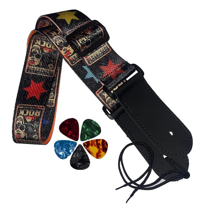 IMAGINEA Guitar Strap with PU Leather Ends | Modern & Comfortable Design | Adjustable Guitar Belt for Acoustic/Bass/Electric Guitars with 5 Picks (Rock Guitar Belt) - Image 1