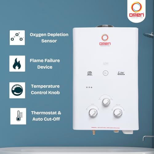 Omen Changing Lives Elegant 6L Gas Water Geyser | Instant LPG Gas Geyser | Wall Mounted | Auto Ignition | Flame & Water Control Knob | Summer-Winter Mode | Suitable For Bathroom & Kitchen - Image 3