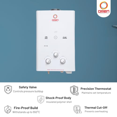 Omen Changing Lives Elegant 6L Gas Water Geyser | Instant LPG Gas Geyser | Wall Mounted | Auto Ignition | Flame & Water Control Knob | Summer-Winter Mode | Suitable For Bathroom & Kitchen - Image 5