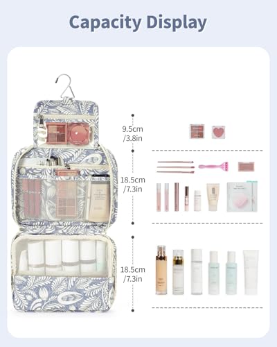 Narwey Small Hanging Travel Toiletry Bag for Women, Travel Bag for Toiletries, Floral Makeup Bag Organizer Cute Cosmetic Bags Make Up Bags for Girls (Blue Leaf) - Image 3