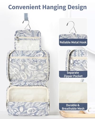Narwey Small Hanging Travel Toiletry Bag for Women, Travel Bag for Toiletries, Floral Makeup Bag Organizer Cute Cosmetic Bags Make Up Bags for Girls (Blue Leaf) - Image 2