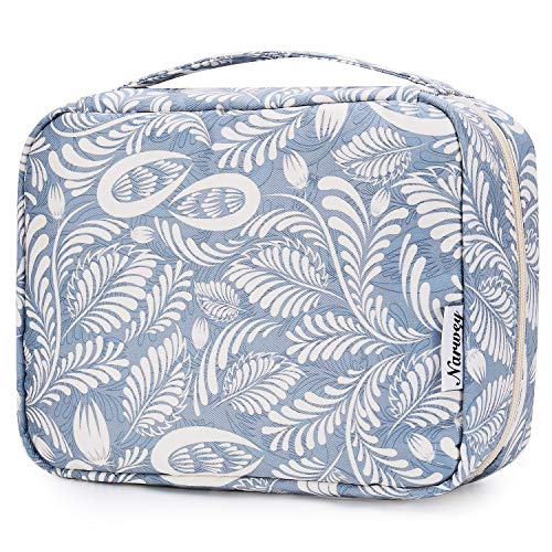 Narwey Small Hanging Travel Toiletry Bag for Women, Travel Bag for Toiletries, Floral Makeup Bag Organizer Cute Cosmetic Bags Make Up Bags for Girls (Blue Leaf) - Image 1