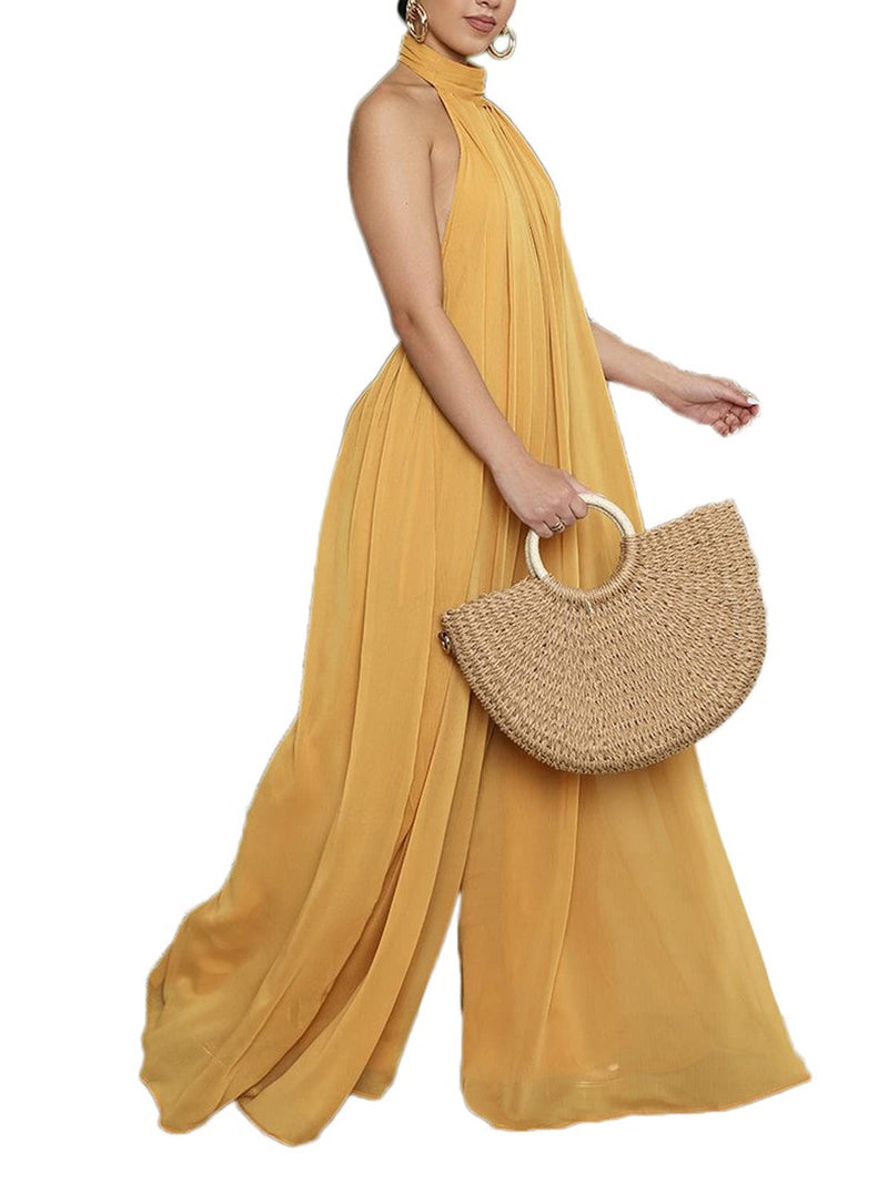 Ekaliy Women Sexy Summer Jumpsuit Halter Neck Sleeveless Chiffon Wide Leg Long Pant Jumpsuit Romper One Piece Party Outfit Yellow Small - Image 1