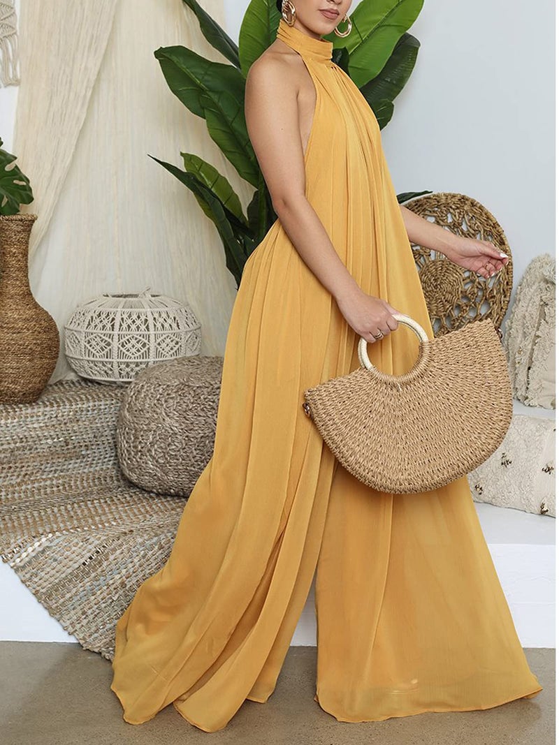 Ekaliy Women Sexy Summer Jumpsuit Halter Neck Sleeveless Chiffon Wide Leg Long Pant Jumpsuit Romper One Piece Party Outfit Yellow Small - Image 3