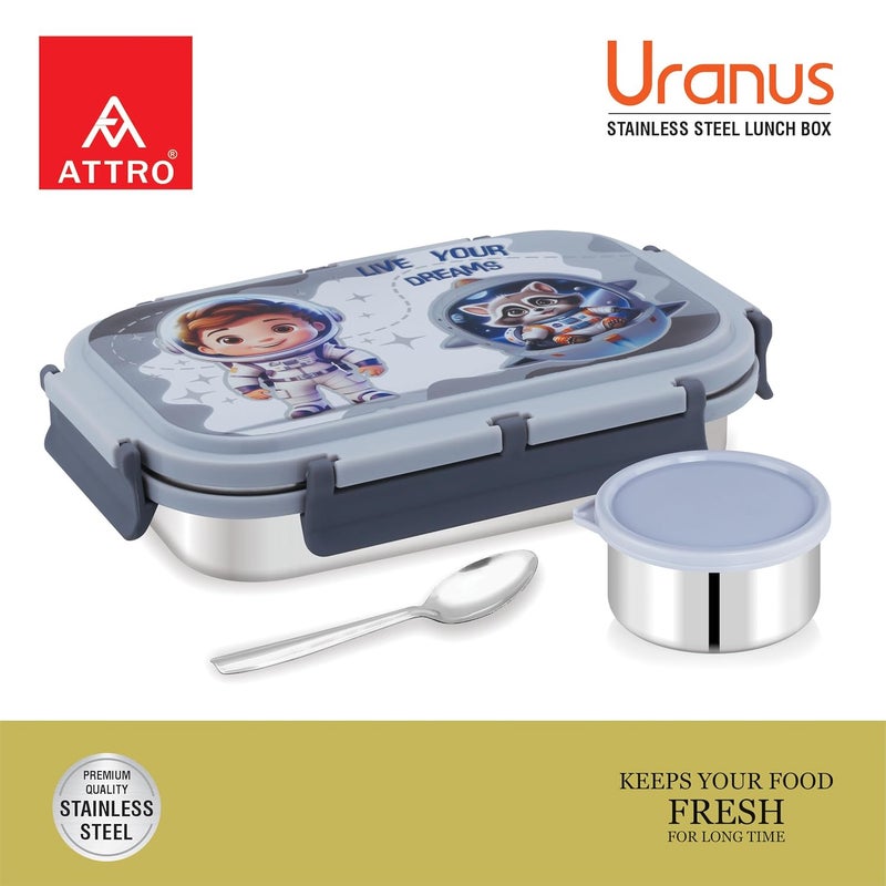 Attro Uranus Stainless Steel Lunch Box with 1 Small Container Spoon Eyecatchy Astronaut Print BPA Free Food Grade 800ml170ml Grey - Image 5