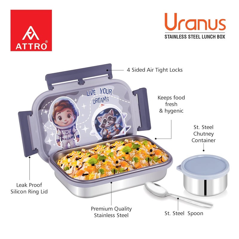 Attro Uranus Stainless Steel Lunch Box with 1 Small Container Spoon Eyecatchy Astronaut Print BPA Free Food Grade 800ml170ml Grey - Image 2