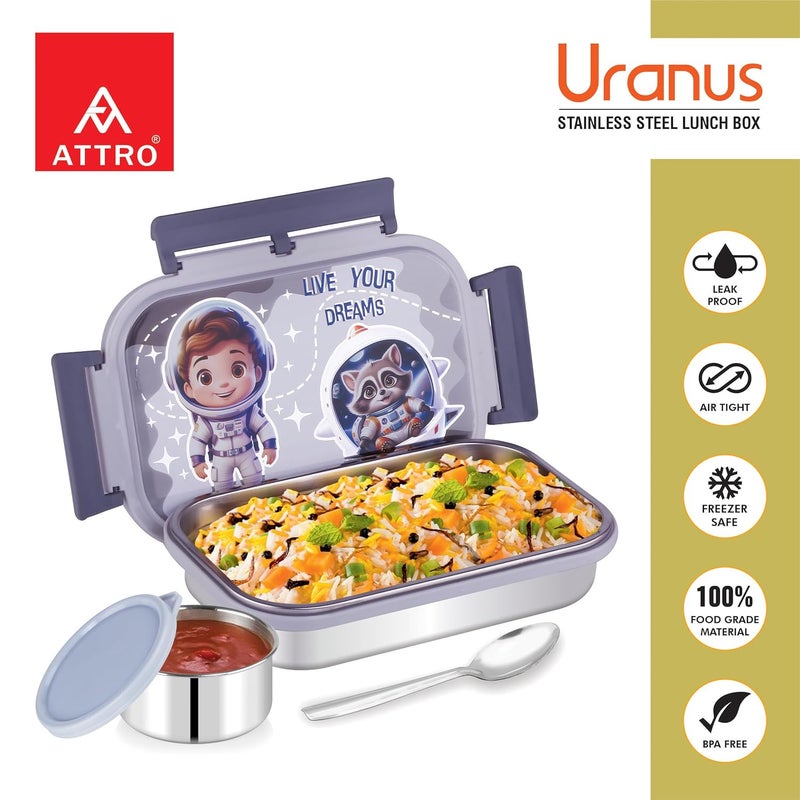 Attro Uranus Stainless Steel Lunch Box with 1 Small Container Spoon Eyecatchy Astronaut Print BPA Free Food Grade 800ml170ml Grey - Image 4