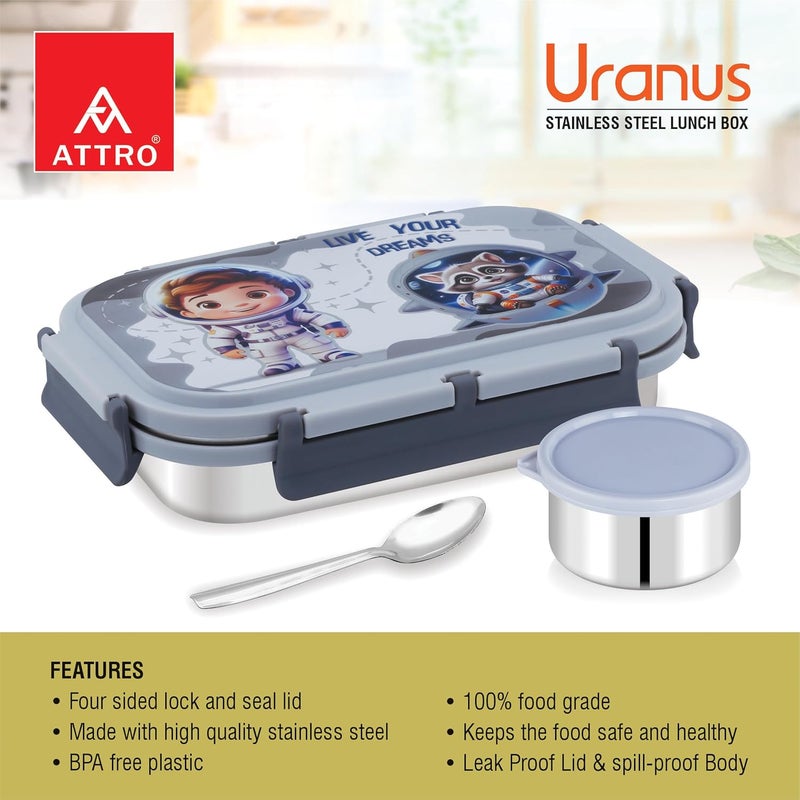 Attro Uranus Stainless Steel Lunch Box with 1 Small Container Spoon Eyecatchy Astronaut Print BPA Free Food Grade 800ml170ml Grey - Image 3