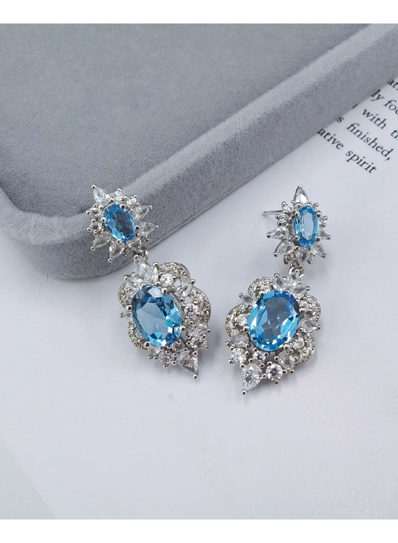 Hot sell fashion women natural blue topaz gem stone earrings，with 925 silver plated by white gold，with national jewelry inspection certification  - Image 2