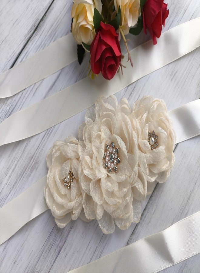 Oyabridal Organza Flower Girl Sash Belt, Organza Floral Sash Belt for Women Wedding Dress (Beige) - Image 2