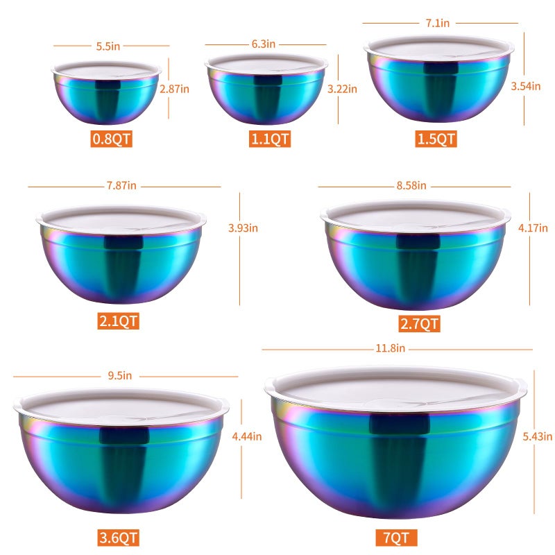 Onlycooker Onlycooker Rainbow Mixing Bowls With Airtight Lids,Stainless Steel Bowl,Salad Bowls 7 Piece Colorful Nesting Bowl Rainbow Kitchen Accessories,Size 7,3.6,2.7,2.1,1.5,1.1,0.8QT Stackable Design  - Image 2