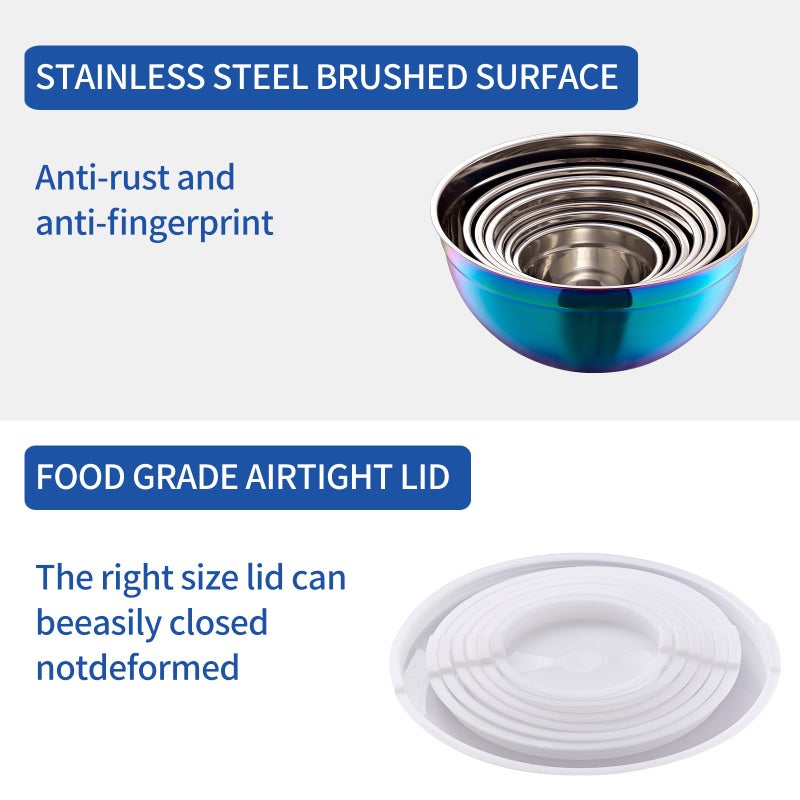 Onlycooker Onlycooker Rainbow Mixing Bowls With Airtight Lids,Stainless Steel Bowl,Salad Bowls 7 Piece Colorful Nesting Bowl Rainbow Kitchen Accessories,Size 7,3.6,2.7,2.1,1.5,1.1,0.8QT Stackable Design  - Image 4