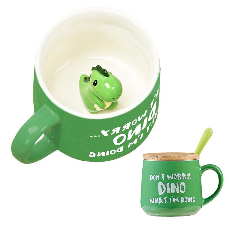 BigNoseDeer Cute Dinosaur Mug Ceramic Coffee Mug with 3D Cartoon Dino InsideFunny Mugs with lid SpoonWhite Elephant Gifts for AdultsGag Gifts for Women Animal Gift Cute Stuff Cool Stuff