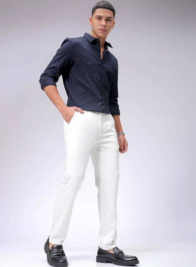 The Indian Garage Co The Indian Garage Co Men White Slim Fit Textured Knit Trousers