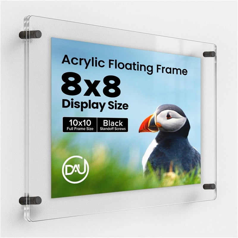 DistinctAndUnique (8" x 8") Clear Acrylic Wall Mount Floating Picture Frame with (Black Standoffs) Frame-less Double Panel Plexiglass Display for Photos Artwork Posters Paintings (Full Frame is 10" x 10") - Image 1