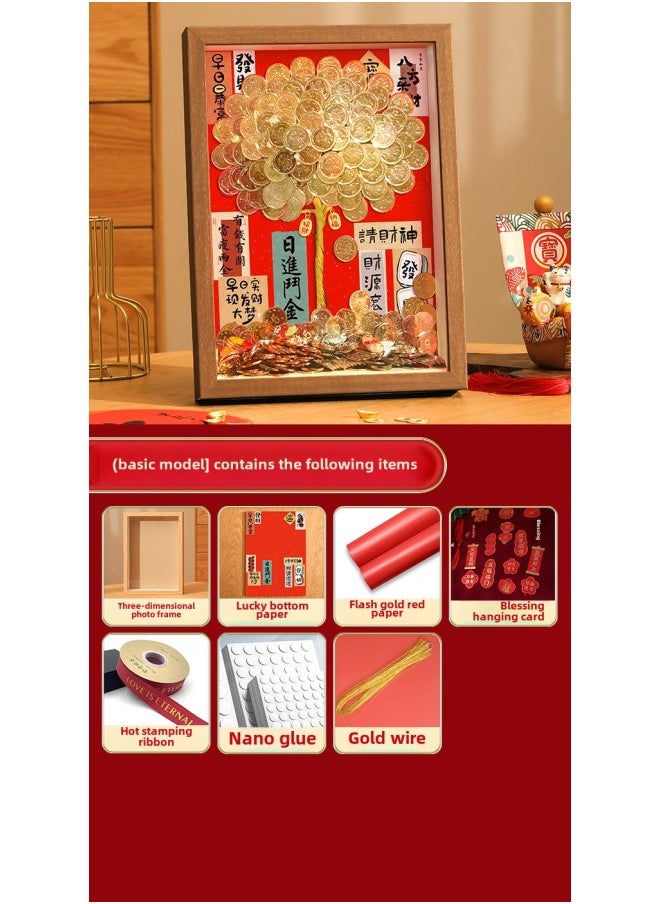 Generic Ge Qiang Fortune Tree Diy Photo Frame 50 Cents Coin Decoration Move Opening Wedding Year Gift Ornaments Material Bag-Color:A4 Hanging + Gift Recommendation [color Paper + Ribbon + Hanging Card + Gift Box] - Standard Model: Bring Your Own Coins (bring Your Luck And Treasure Background + Walnut Photo Frame + Trunk + Nanny  - Image 1