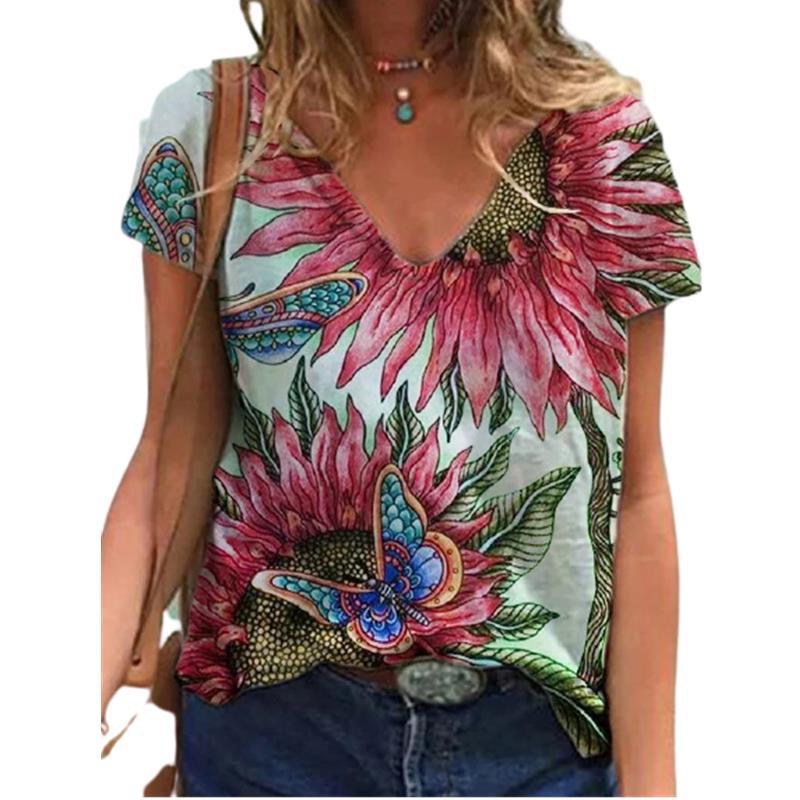 2021 New Summer Popular Floral Printing T-Shirt Women'S Short Sleeve V-Neck T-Shirt - Image 1