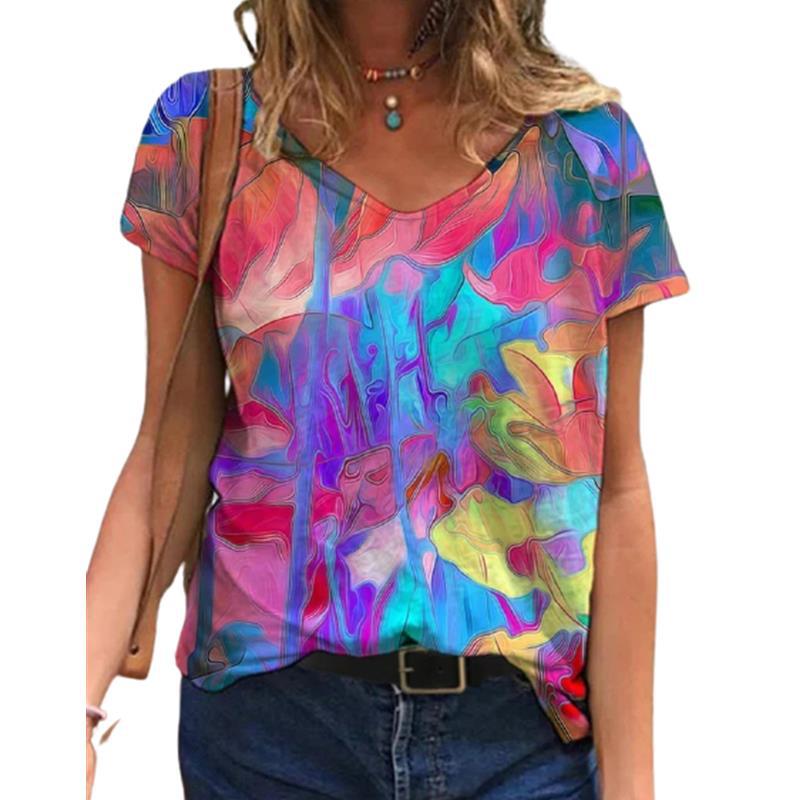 2021 New Summer Popular Floral Printing T-Shirt Women'S Short Sleeve V-Neck T-Shirt - Image 5
