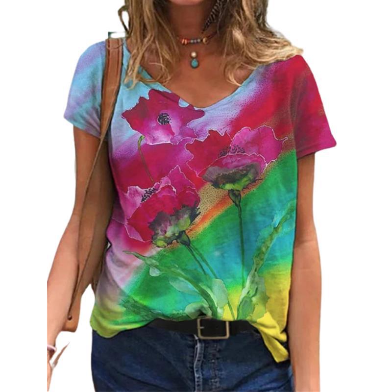 2021 New Summer Popular Floral Printing T-Shirt Women'S Short Sleeve V-Neck T-Shirt - Image 2