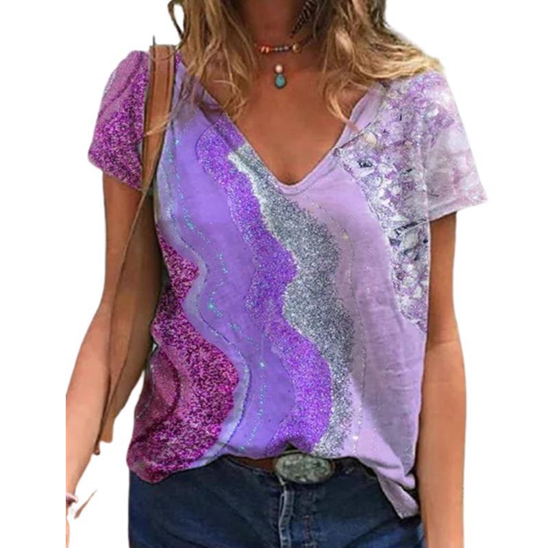 2021 New Summer Popular Floral Printing T-Shirt Women'S Short Sleeve V-Neck T-Shirt - Image 3
