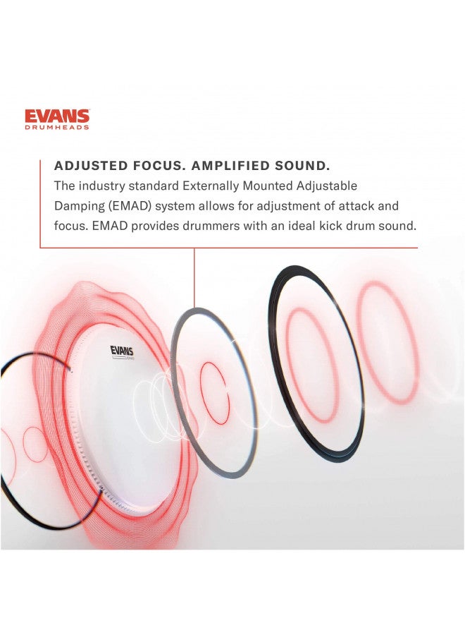 EVANS Evans EMAD2 Clear Bass Drum Head, 20 Externally Mounted Adjustable Damping System Allows Player to Adjust Attack and Focus 2 Foam Damping Rings for Sound Options - Versatile for All Music Genres  - Image 3