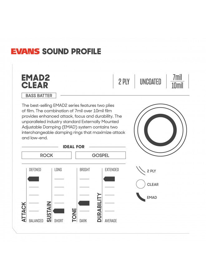 EVANS Evans EMAD2 Clear Bass Drum Head, 20 Externally Mounted Adjustable Damping System Allows Player to Adjust Attack and Focus 2 Foam Damping Rings for Sound Options - Versatile for All Music Genres  - Image 2