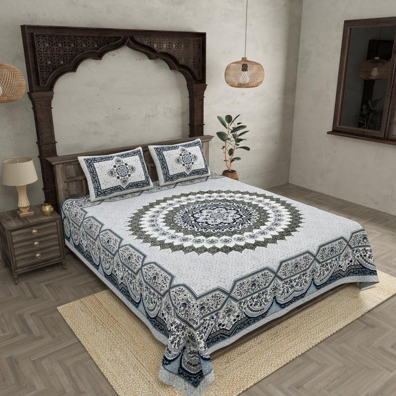 JaipurFabric® Flowery Mat 240TC Cotton Double Bedsheet with 2 Pillow Covers(108" X 100"), Blueish - Image 2