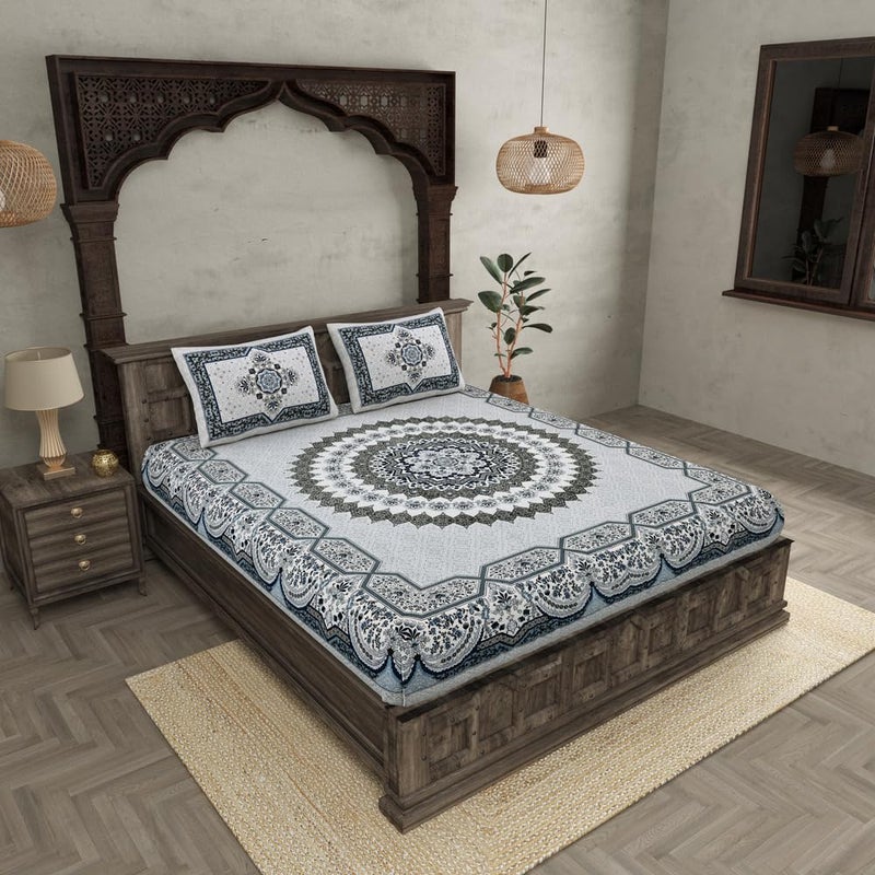 JaipurFabric® Flowery Mat 240TC Cotton Double Bedsheet with 2 Pillow Covers(108" X 100"), Blueish - Image 1