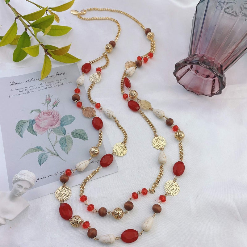 Bocar Long Necklaces for Women Trendy, Boho Layered Crystal Beaded Collar Necklaces for Women, Fashion Statement Necklaces Jewelry (NK-10084-Red) - Image 2