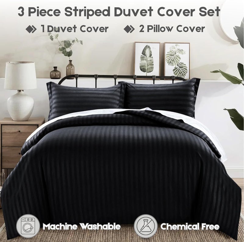 FOAM CRAFT Stripe 3-Piece Duvet Cover Set - 100% Cotton, Black, King Size - Image 5