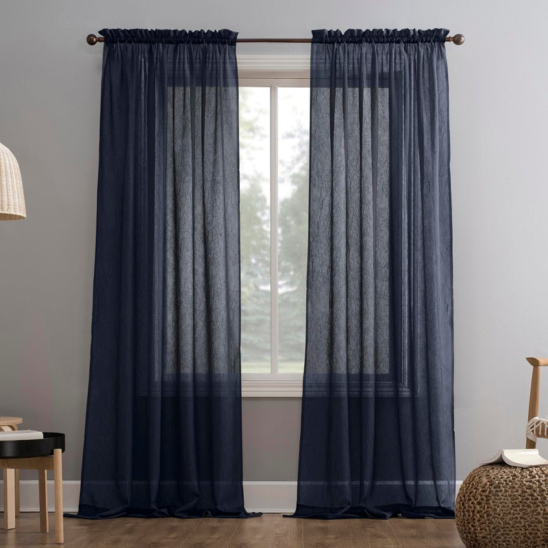 No. 918 Erica Crushed Sheer Voile Rod Pocket Curtain Panel, 51" x 63", Navy Blue - Image 1