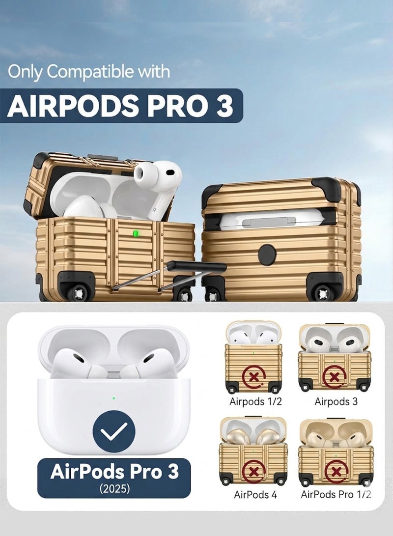 حافظة لسماعات AirPods Pro 3 بتصميم حقيبة سفر، مزودة بقفل وحامل للهاتف - غطاء واقٍ صلب وجذاب مع طقم تنظيف وسلسلة مفاتيح - حماية شاملة لسماعات AirPods Pro (الجيل الثالث 2025) - اللون الذهبي - Image 3