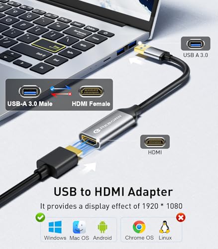 Reborn USB to HDMI Adapter, 1080P@60Hz USB 3.0 Male to HDMI Female Multi-Display Cable Converter Suitable for Macos Windows 7/8/10/11 - Driver Installation is Required - Image 2