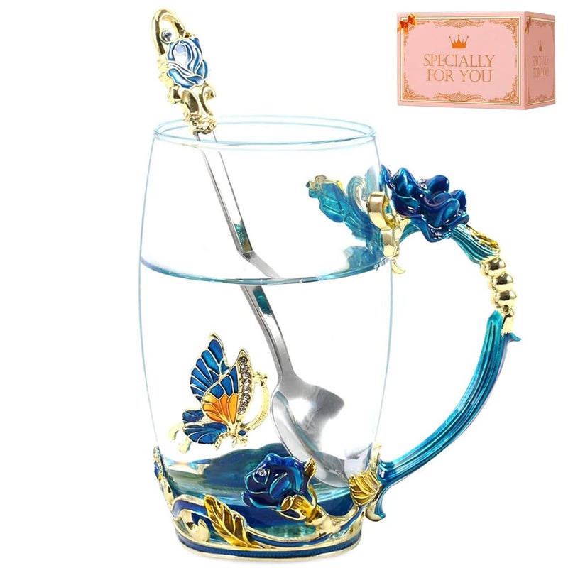 Birthday Gifts for WomenButterfly Flower Glass Tea Cup Sky Blue Rose Coffee Mug for Women Mum Wife Sister Coworker Female Friend on Anniversary Mothers Day Christmas Presents