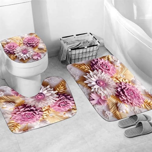 Chrainy 4Pcs 3D Floral Shower Curtain Sets Elegant Pink and White Blossom Flowers Bathroom Accessories Set Modern Minimalism Waterproof Spring Bathroom Decor with Rugs and 12 Hooks - Image 4