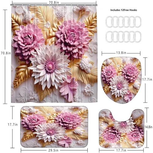 Chrainy 4Pcs 3D Floral Shower Curtain Sets Elegant Pink and White Blossom Flowers Bathroom Accessories Set Modern Minimalism Waterproof Spring Bathroom Decor with Rugs and 12 Hooks - Image 5