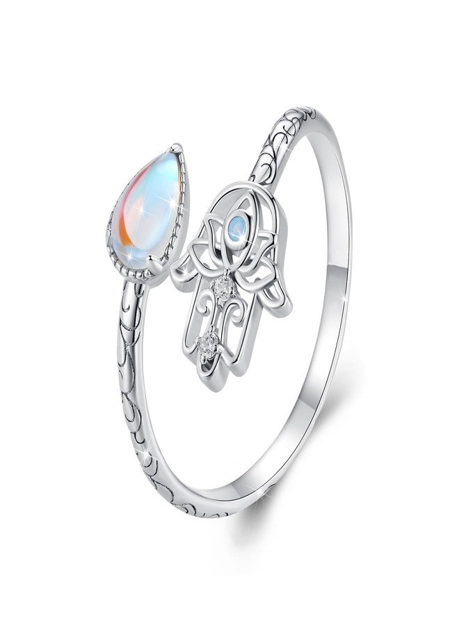 WOSTU Evil Eye Adjustable Ring 925 Sterling Silver Hamsa Hand Fatima Moonstone Ring Evil Eye Stackable Open Ring Jewelry Gift for Women - Image 1
