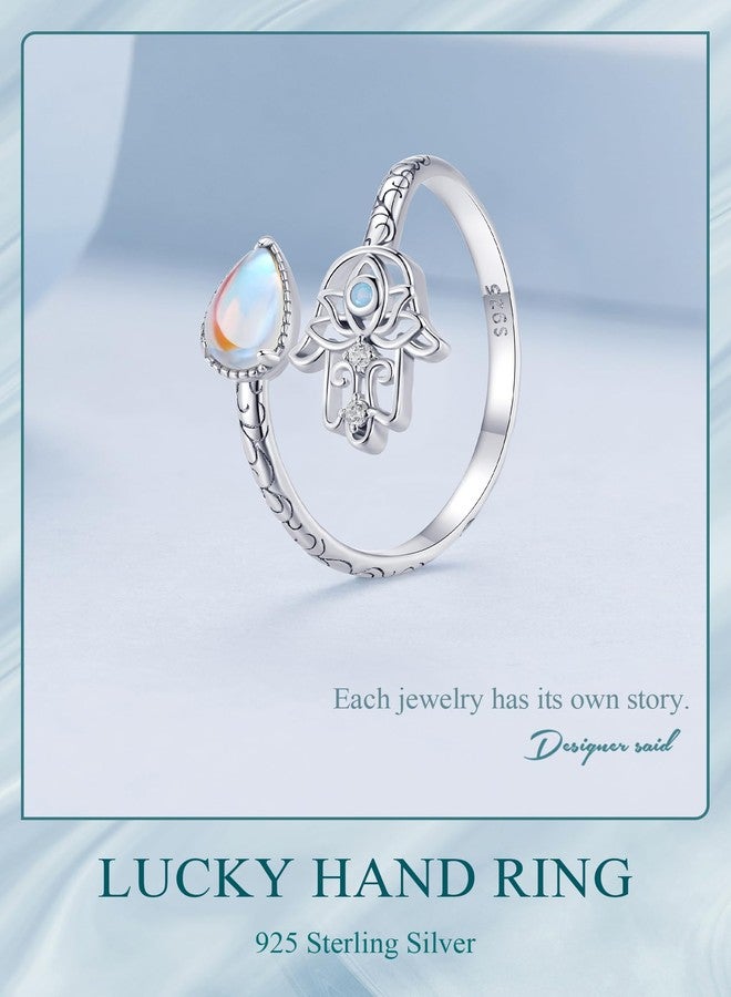 WOSTU Evil Eye Adjustable Ring 925 Sterling Silver Hamsa Hand Fatima Moonstone Ring Evil Eye Stackable Open Ring Jewelry Gift for Women - Image 5