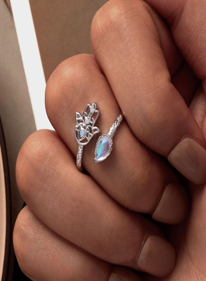 WOSTU Evil Eye Adjustable Ring 925 Sterling Silver Hamsa Hand Fatima Moonstone Ring Evil Eye Stackable Open Ring Jewelry Gift for Women - Image 2