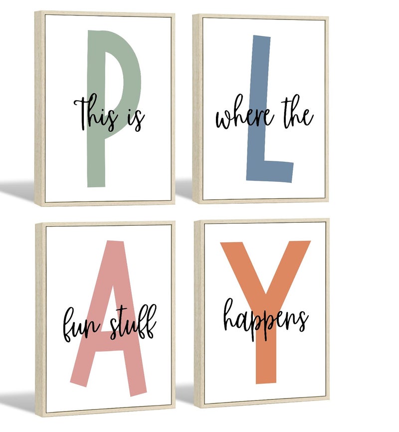 Kids Playroom Wall Art Boys Room Wall Decor Childrens Playroom Canvas Prints Baby Boy Kids Room Poster Decor Toddler Nursery Print Artwork LetS Play Sign 12x16 Inch Set of 4 FRAMED